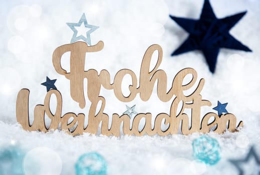 German Wooden Text Frohe Weihnachten, Means Merry Christmas In English, With snowy Background, Christmas Decor, Winter Background