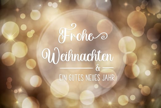 Golden Christmas Background, Festive, Blurry Bokeh Holiday Background With German Text Frohe Weihnachten Und Gutes Neues Jahr, Which Means Merry Christmas And Happy New Year In English