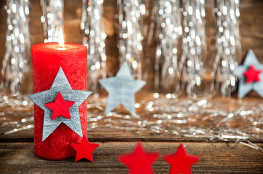 Copyspace, With Red Candle, Silver Glittering Background, Christmas Decor, Festive Winter Background