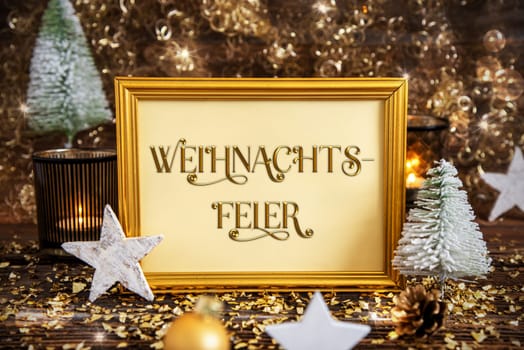 Golden Frame With German Text Weihnachtsfeier, Which Means Christmas Party In English, Golden And Glittering Christmas Decoration, Winter Background