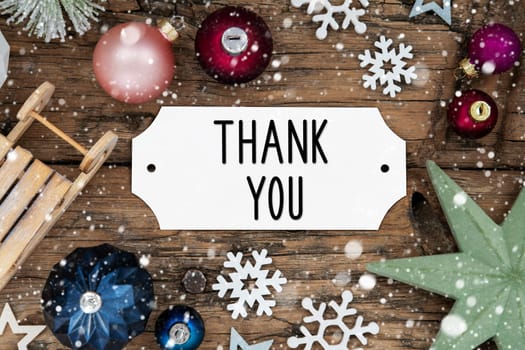 Festive Christmas Decoration, Christmas Background With Snowfall And Sign With Text Thank You