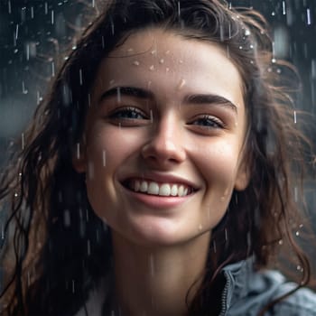Image of a positive young woman smiling while raining. Cheerful woman enjoying the rain outdoors. emotions.Generative AI