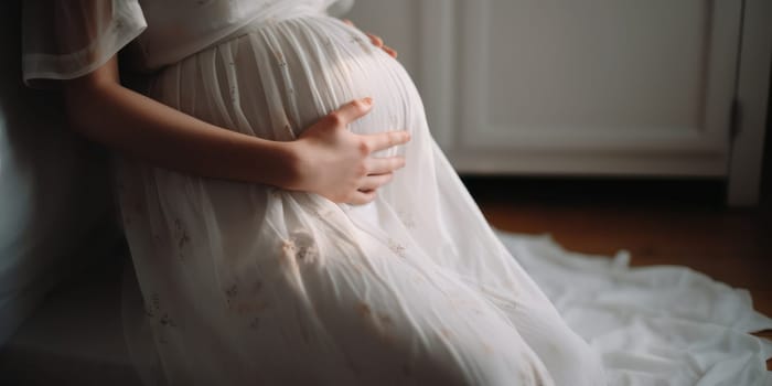 A pregnant woman in a white dress holds her hands on her stomach. The concept of pregnancy, motherhood, preparation and expectation. Beautiful photo of tender mood during pregnancy. Generative AI