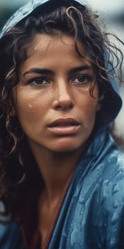 portrait of a young beautiful woman with curly hair in a blue raincoat wet in the rain on a city street. Generative AI