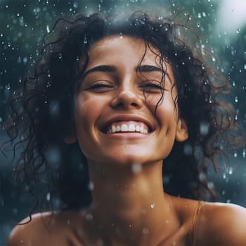 Image of a positive young woman smiling while raining. Cheerful woman enjoying the rain outdoors. emotions.Generative AI