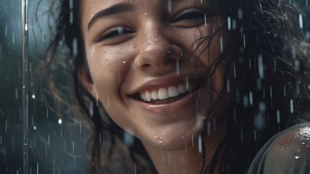 Image of a positive young woman smiling while raining. Cheerful woman enjoying the rain outdoors. emotions.Generative AI