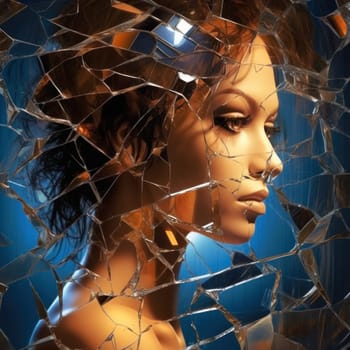 reflection of a young woman in a cracked broken mirror. concept of loneliness and broken feelings.Generative AI