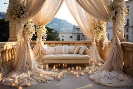 elements of drapery and accessories for decorating a wedding celebration.