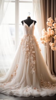 Wedding dress with lace and tulle, wedding dress in a large room, on the eve of the wedding.