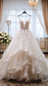 Wedding dress with lace and tulle, wedding dress in a large room, on the eve of the wedding.