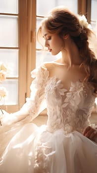 bride in a wedding dress with lace and tulle on the eve of the wedding.close-up