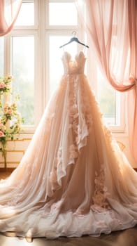 Wedding dress with lace and tulle, wedding dress in a large room, on the eve of the wedding.