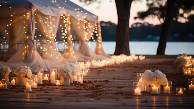 elements of drapery and accessories for decorating a wedding celebration.