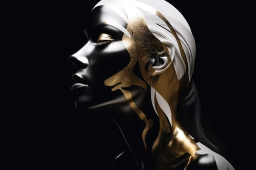 Abstract illustration of a gold, white and black marble bust of a female sculpture isolated on a black background.