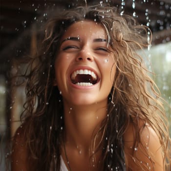 portrait of a beautiful happy woman with wet hair rejoicing in the rain.