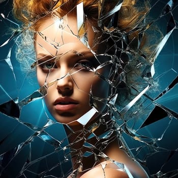 reflection of a young woman in a cracked broken mirror. concept of loneliness and broken feelings.Generative AI