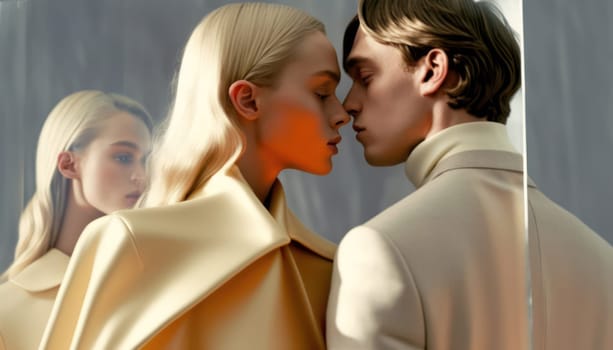 close-up portrait of young stylish beautiful couple man and woman in close head position.almost kiss.