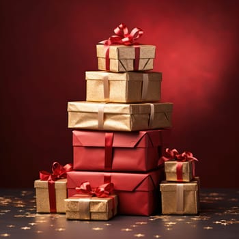 gold and red Christmas gift boxes with ribbon with Christmas balls on a red background.