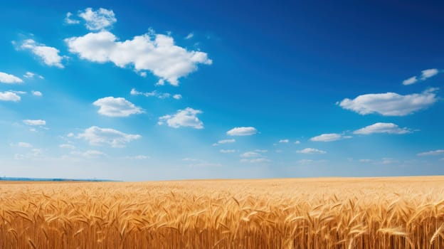 Wheat field and blue sky with clouds . wallpaper or background