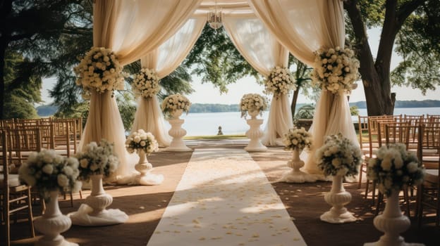 elements of drapery and accessories for decorating a wedding celebration.