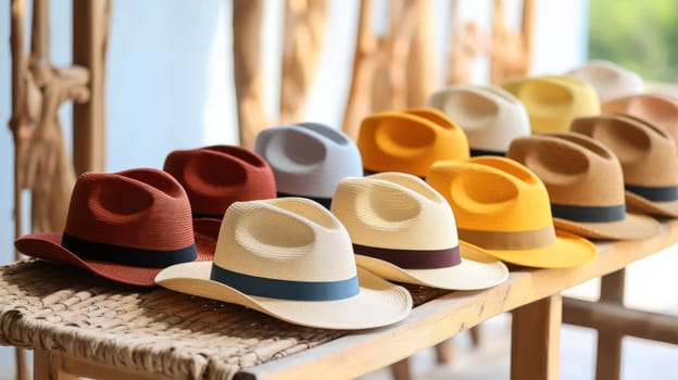 Hats in a store are stacked in rows for display.