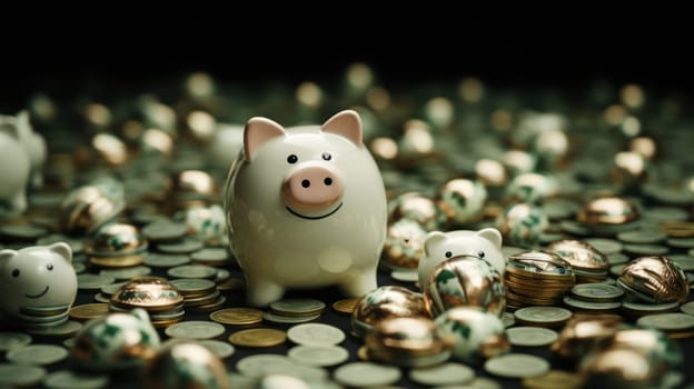 group of green piggy banks with coins on a colored background.