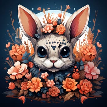 colorful bunny head with fancy pattern Day of the Dead, Dia de los muertos on black background.drawing on a t-shirt