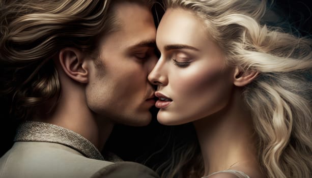 close-up portrait of young stylish beautiful couple man and woman in close head position.almost kiss.