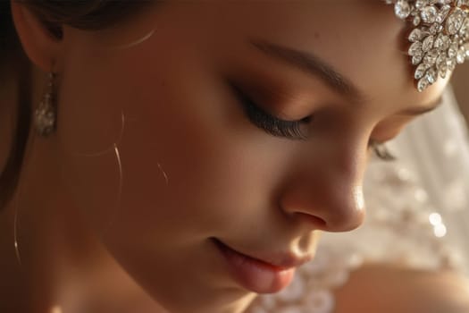 close-up of the face of a young attractive bride in a veil .