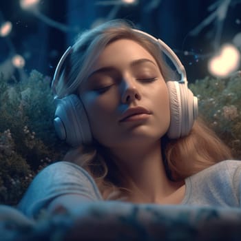 of a young girl with a happy positive smile lying in a blanket and listening to music on headphones .against the backdrop of Christmas illumination.