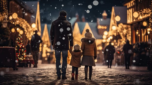 a family goes spending time at a traditional Christmas market on a winter evening. dad and children have fun in a christmas town decorated with lights.