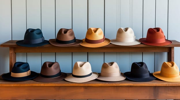 Hats in a store are stacked in rows for display.