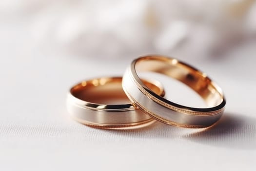 Wedding rings, close-up on a light background with flowers.postcard or invitation to a celebration.
