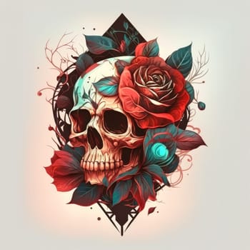 colorful sugar skull decorated with intricate floral patterns on a light background.