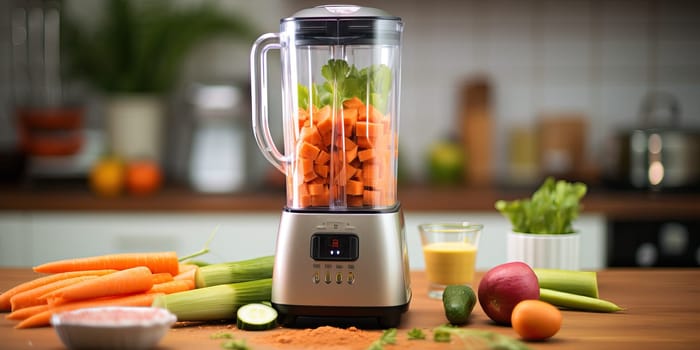 juicer with vegetables and fruits on the table in the home kitchen. healthy eating and self-care.