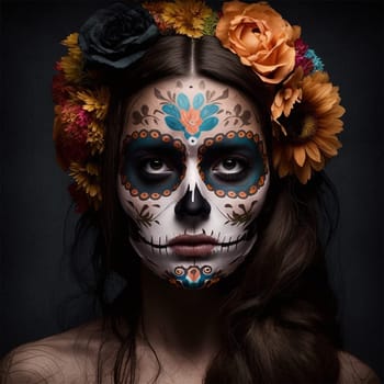 close-up young woman with make-up at the festival Day of the Dead - Dia de los Muertos (Day of the dead) - a holiday dedicated to the memory of the dead.on a dark background .