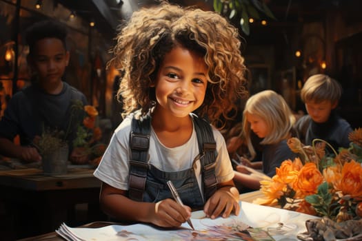 little curly girl artist. Adorable multiethnic children paint with paints in kindergarten or art workshop.