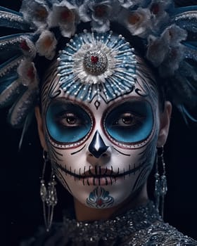 Woman with sugar skull makeup and flowers. close-up. Dia de los muertos, mexican holiday of the dead. Generative AI