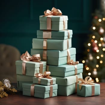 Christmas gift boxes mint color with ribbon on Christmas background
