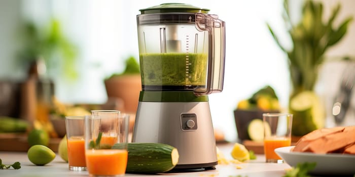 juicer with vegetables and fruits on the table in the home kitchen. healthy eating and self-care.