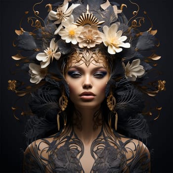 close-up portrait of a young beautiful girl with professional makeup and fine intricate handmade headdress decoration.
