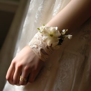 Beautiful wedding bracelet with white flowers and lace..Nice wedding bracelet on the hand