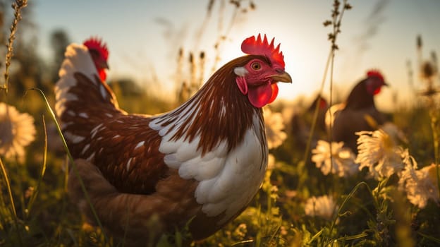 Close up of a free range chicken on a poultry farm.Conceptual organic farm and agriculture.