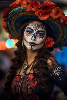 close-up young woman with make-up at the festival Day of the Dead - Dia de los Muertos, a holiday dedicated to the memory of the dead.against the backdrop of illumination.