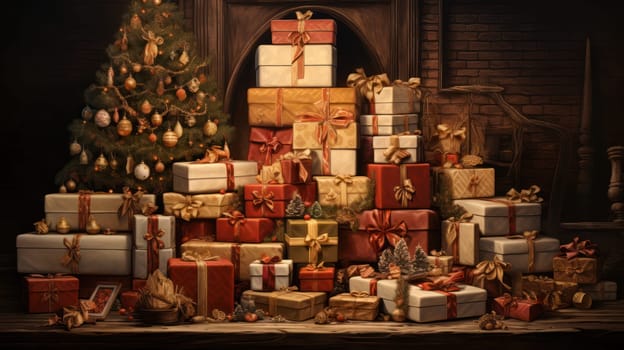 Christmas gift boxes of different colors with ribbon on Christmas background.
