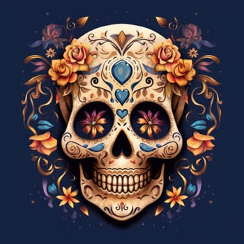 colorful sugar skull decorated with intricate floral patterns on a dark background.generative Ai,