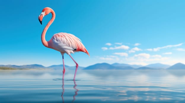 A flamingo is reflected in turquoise water against a background of blue sky and white clouds. Natural environment and harmony background.