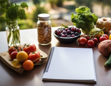 Healthy foods, fruits and vegetables with a blank white notepad for writing. Healthy food choices for the heart, healthy lifestyle concept.