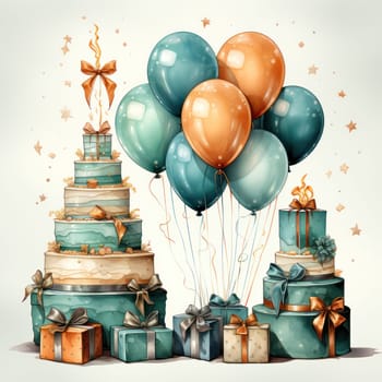 Birthday gifts and balloons for children in watercolor illustration on a light background