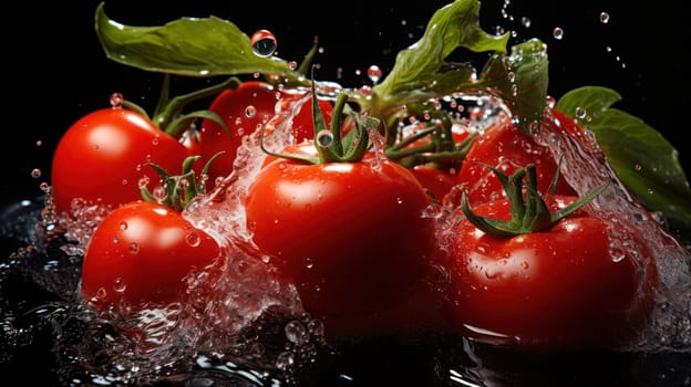 tomato branch in water splashes.